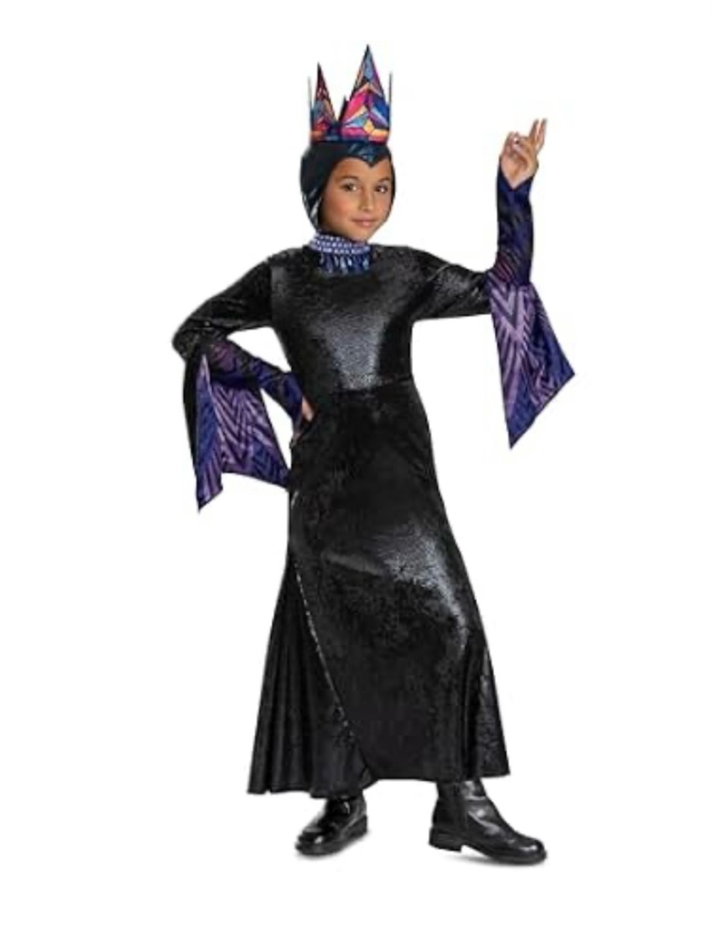 Girls Dark Evil Queen Halloween Costume Black Purple Dress Crown